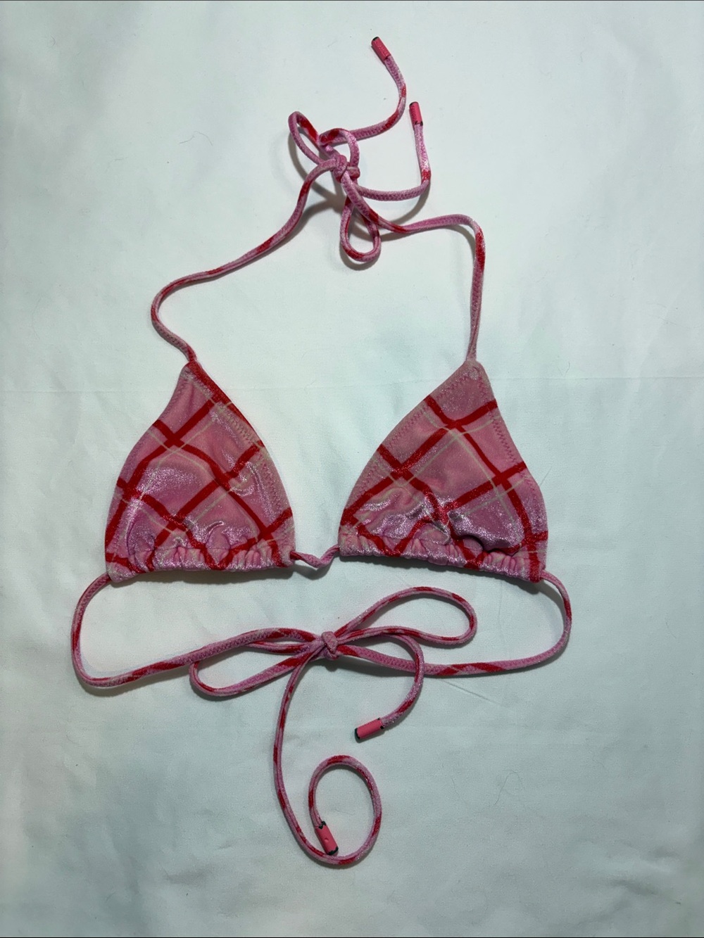 Triangl Pink & Red Plaid Velvet Soft Textured Triangle Halter Tie Bikini Top XS